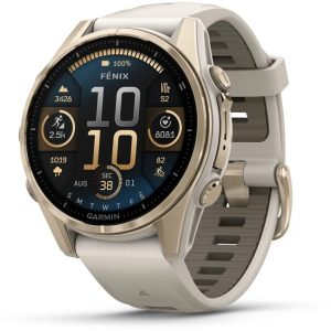 GARMIN fenix 8 – 43 mm, AMOLED Sapphire, Soft Gold Fog grey/dark sandstone silicone band