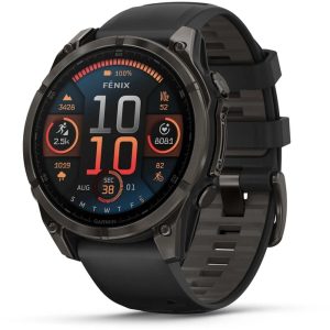 GARMIN fenix 8 – 47 mm, Solar Sapphire, Carbon grey DLC titanium Black/pebble grey silicone band