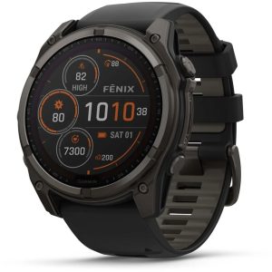 GARMIN fenix 8 – 51 mm, Solar Sapphire, Carbon grey DLC titanium Black/pebble grey silicone band