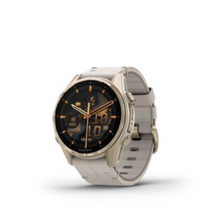 fēnix 8 43 mm AMOLED Sapphire Soft Gold Stainless Steel with Fog Gray Leather Band