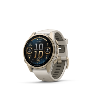 fēnix 8 43 mm AMOLED Sapphire Soft Gold with Fog Gray/Dark Sandstone Silicone Band